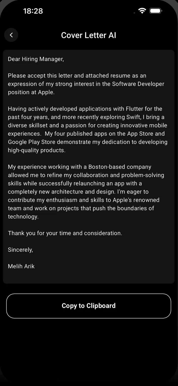 Smart CV Cover Letter AI screen showing a generated cover letter and a Copy to Clipboard button