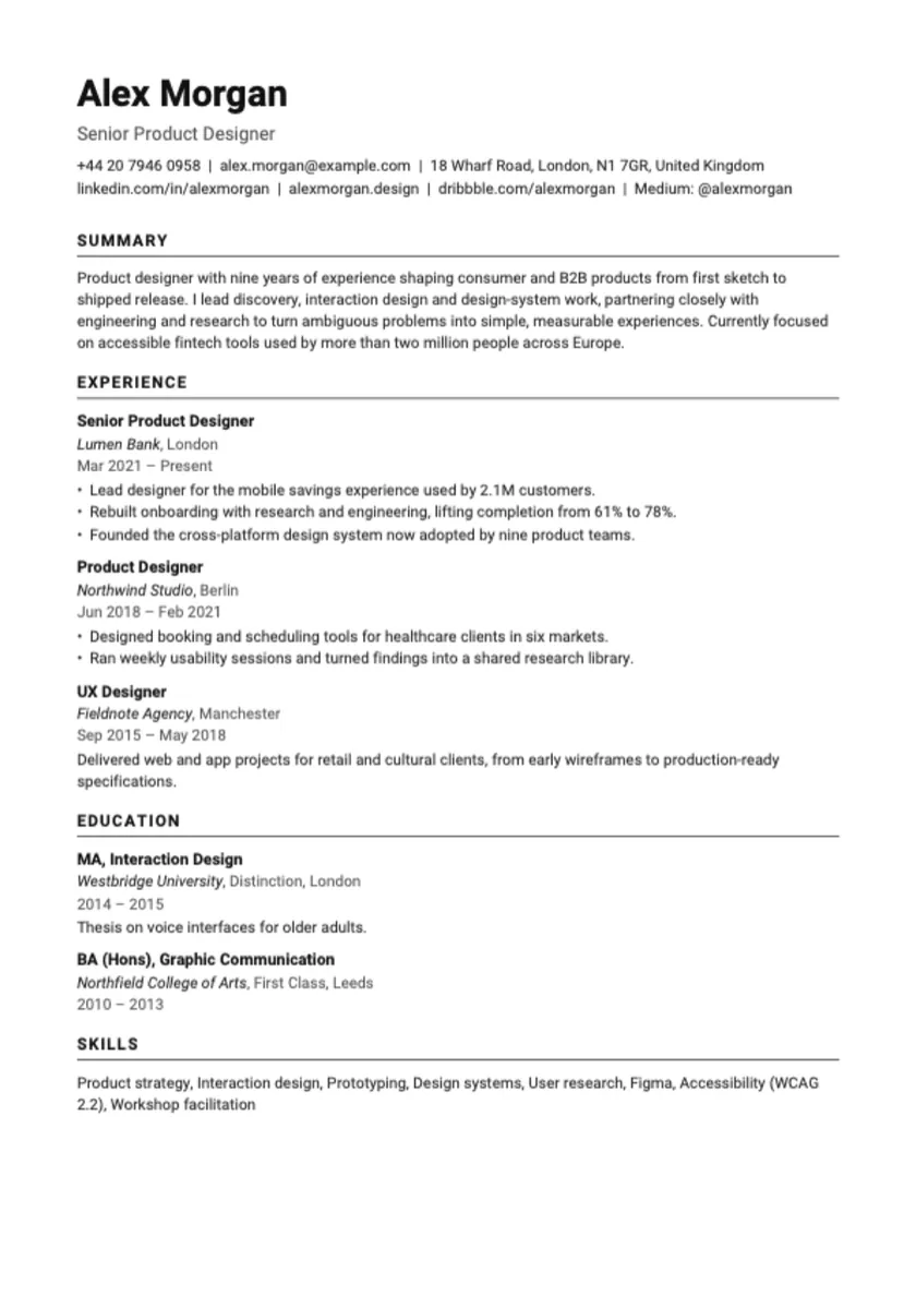 Paris, an ATS-friendly single-column template, with a sample CV