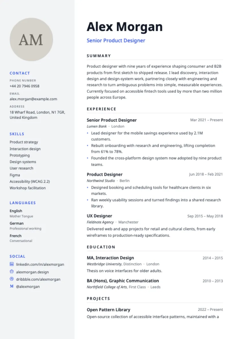 New York, a design template with a profile photo in a light sidebar, with a sample CV