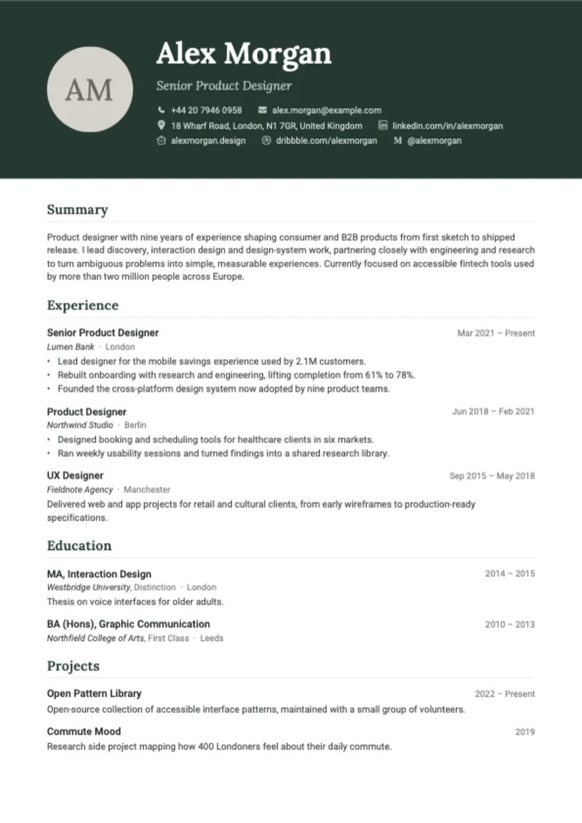 London, a design template with a dark header and a photo, with a sample CV