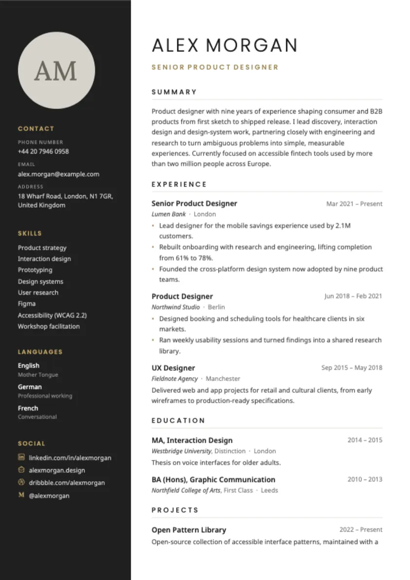 Cairo, a design template with a dark sidebar and a photo, with a sample CV
